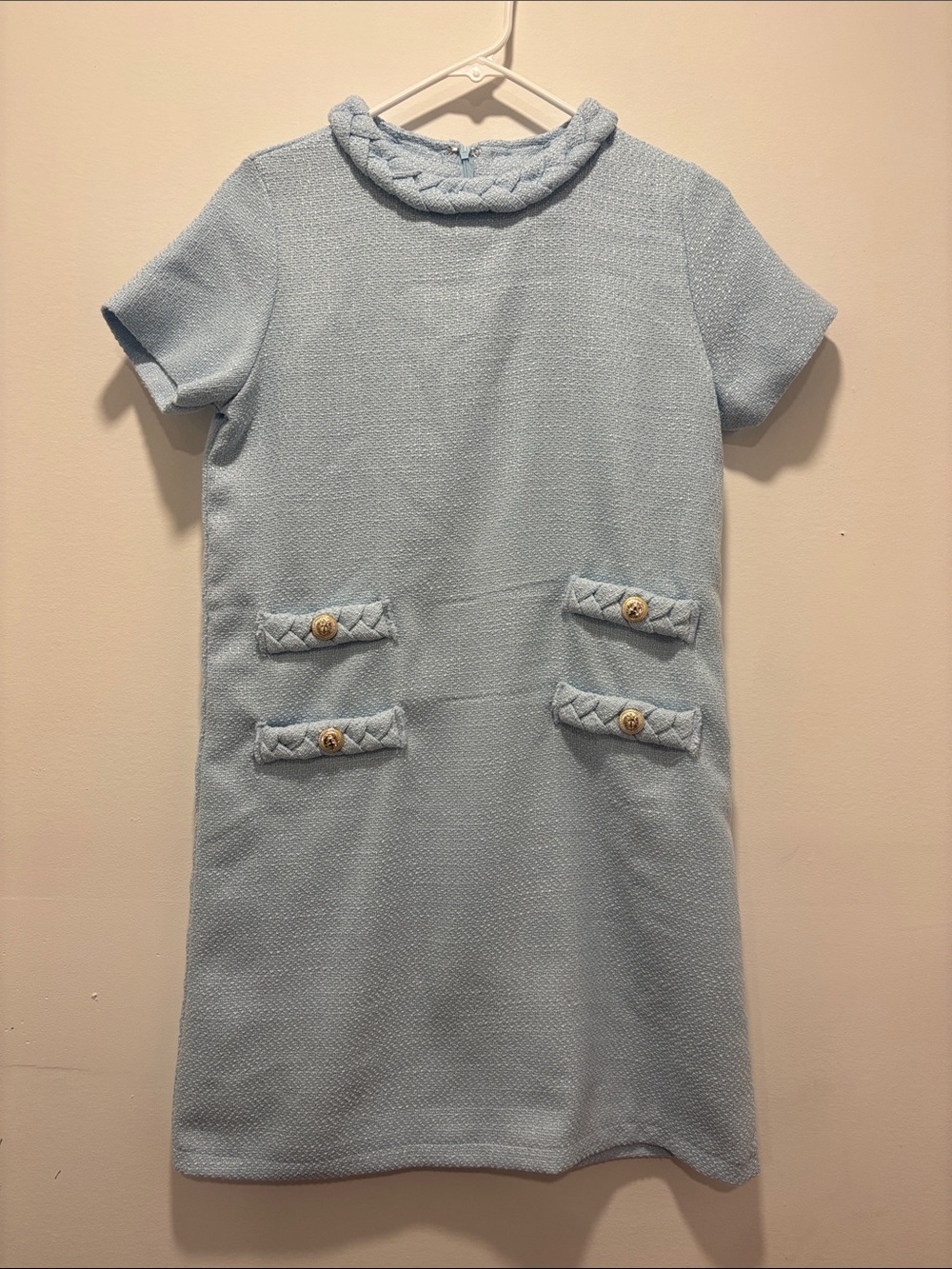 Womens short sleeve tweed Light Blue Quilted-Accent Dress small